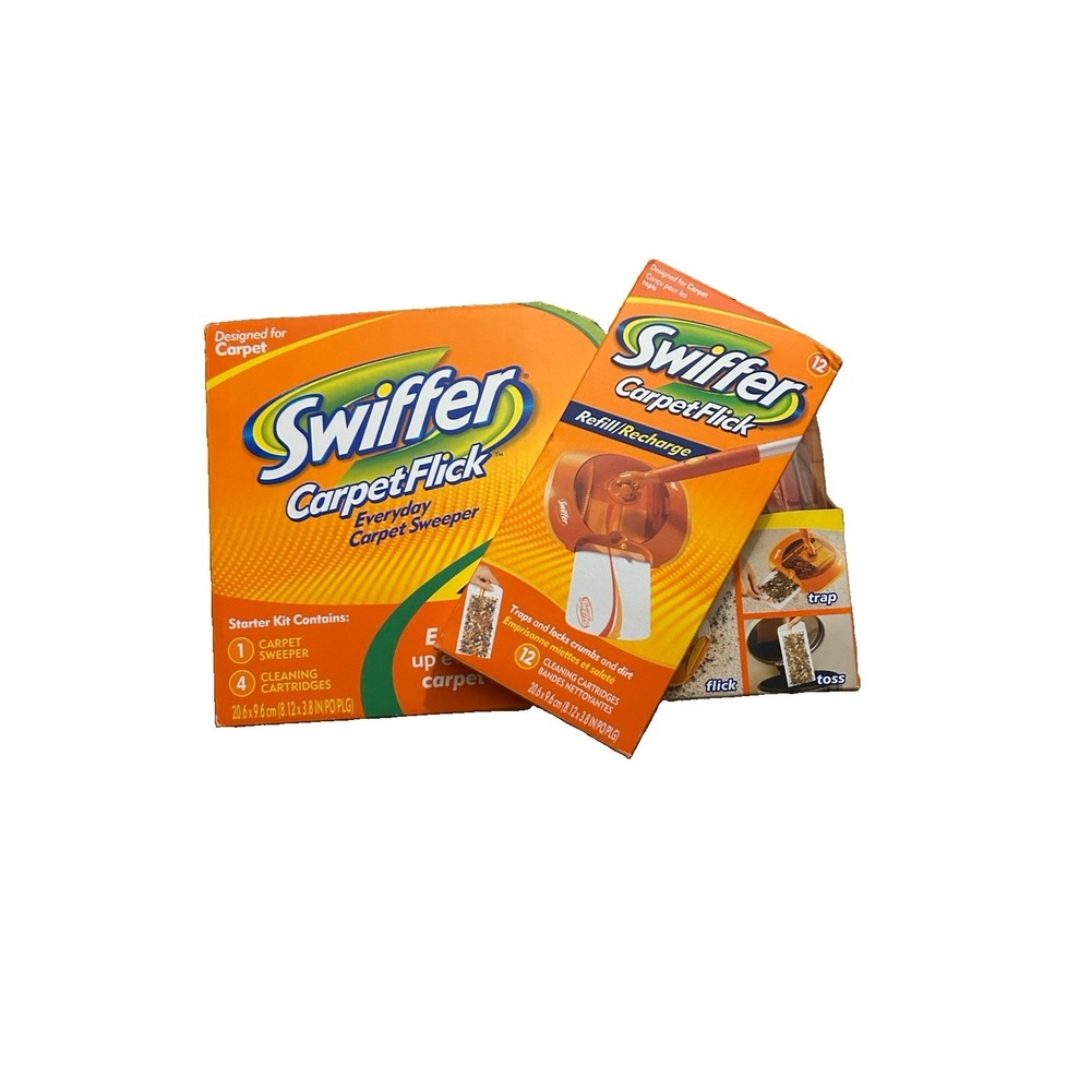 Discontinued Swiffer CarpetFlick Sweeper Starter Kit + 12 Refills NOS HTF NEW